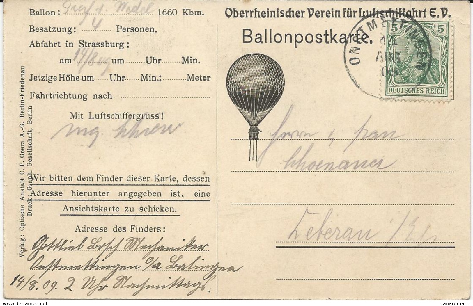 CARTE POSTALE TRANSPORTEE AVEC LE BALLON GRAF VON WEDEL AU DEPART DE STRASBOURG LE 14/08/1909 - Covers & Documents