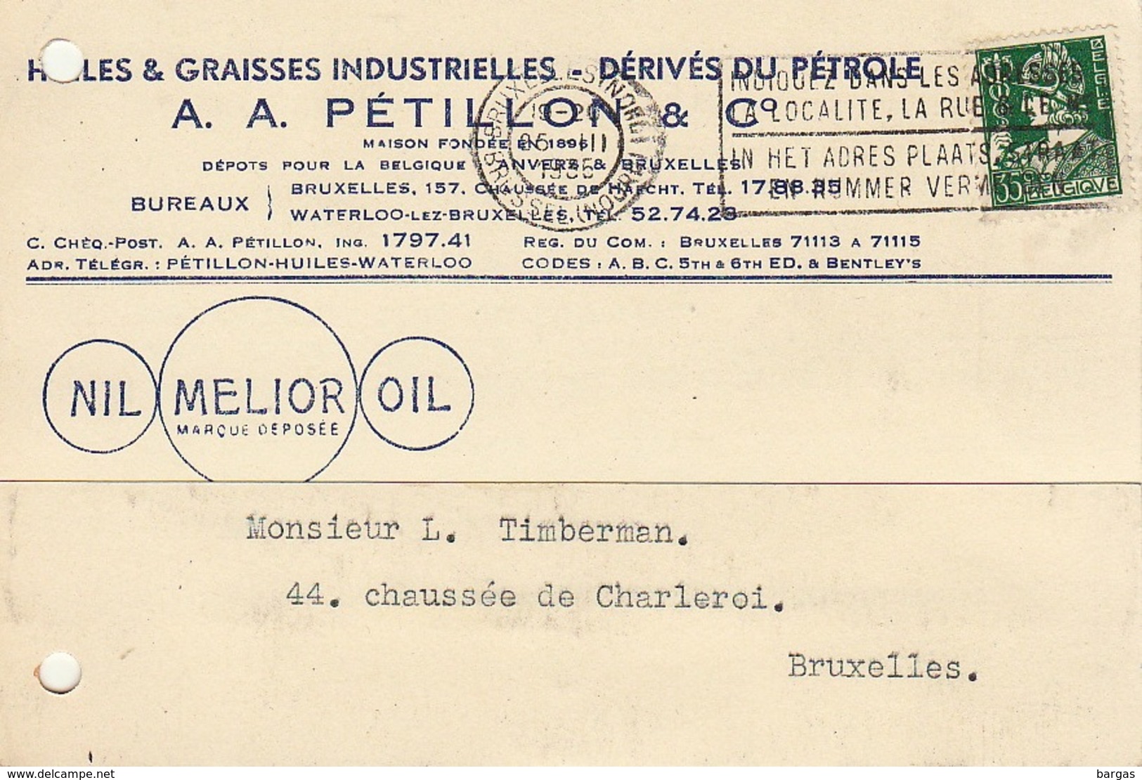 Carte Timbrée Huile Graisse Petillon à Bruxelles Et Waterloo Nil Melior Oil - Automobile