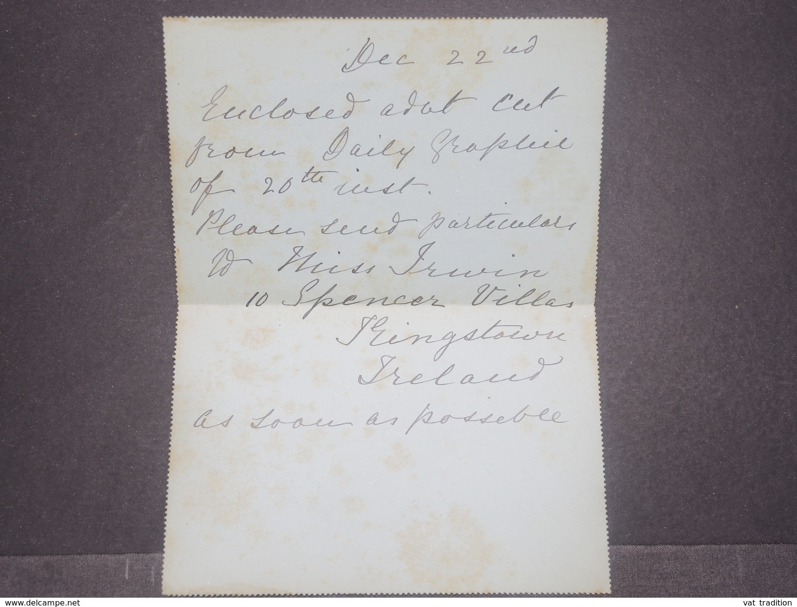 GRANDE BRETAGNE - Entier Postal + Complément De Kingstown Pour La France En 1892 - L 8295 - Covers & Documents