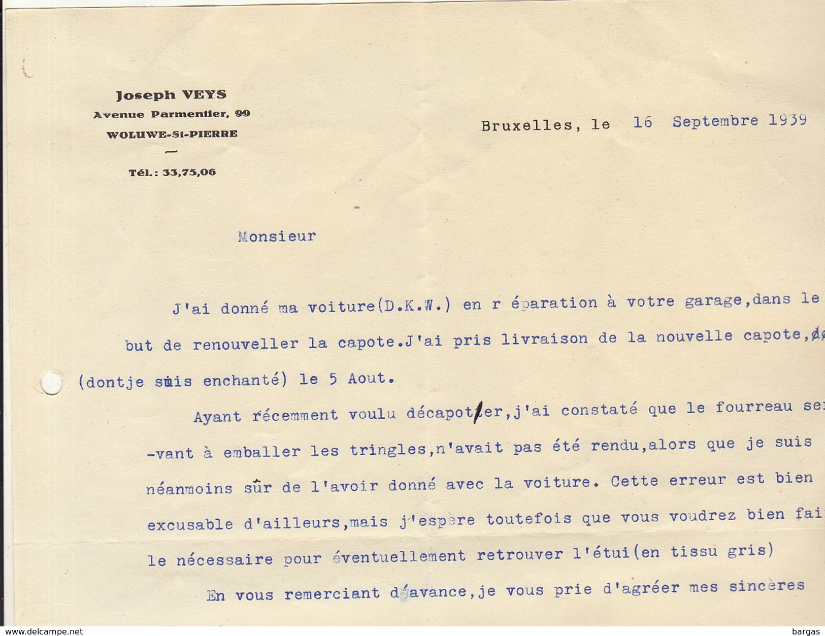 Courrier Concernant La Capote D'une Voiture D.K.W. En 1939 Veys - Cars
