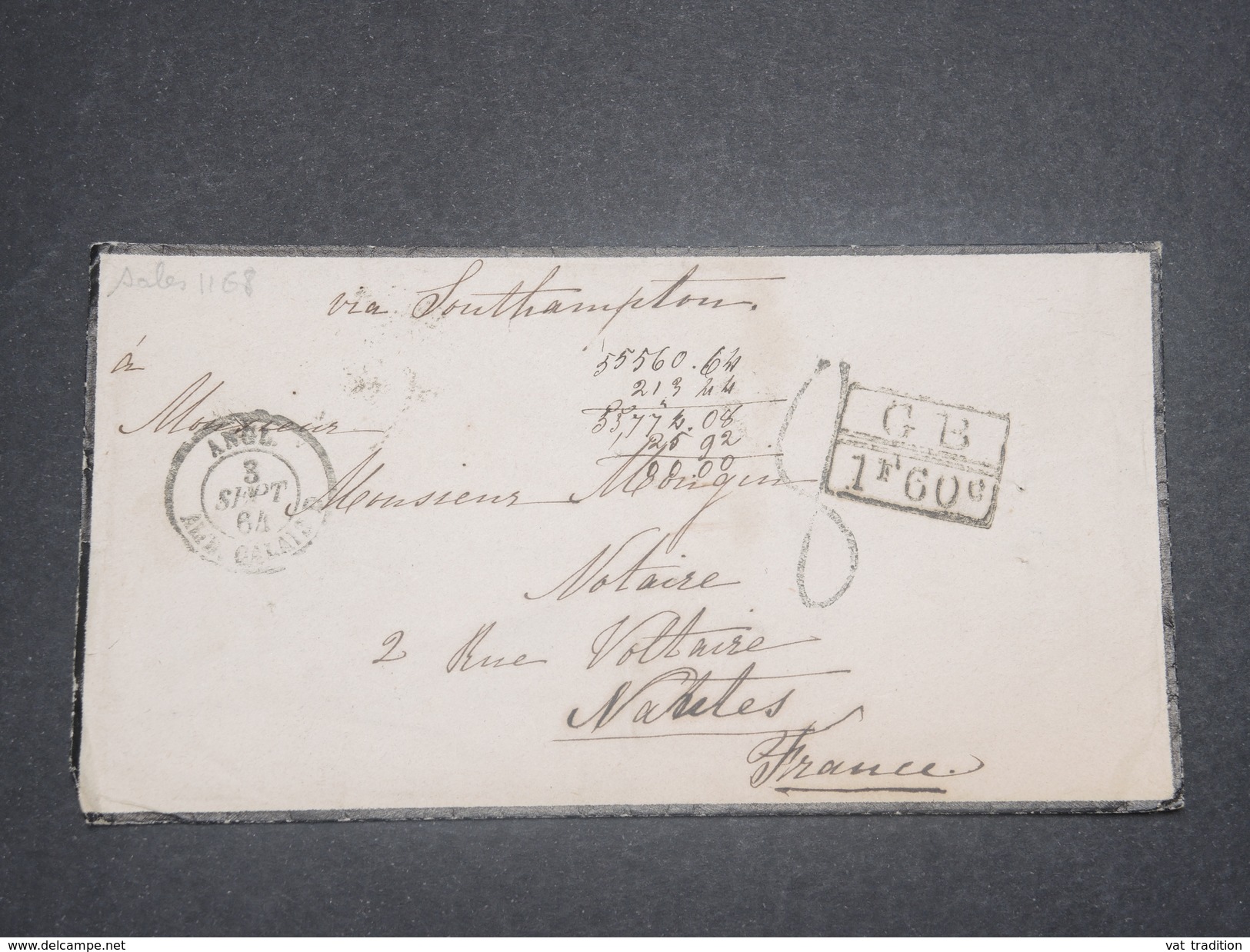 FRANCE - Cachet D 'entrée " ANGL. AMB. CALAIS " En 1864 Sur Enveloppe Pour Nantes , Marques D 'echanges - L 8308 - Marques D'entrées