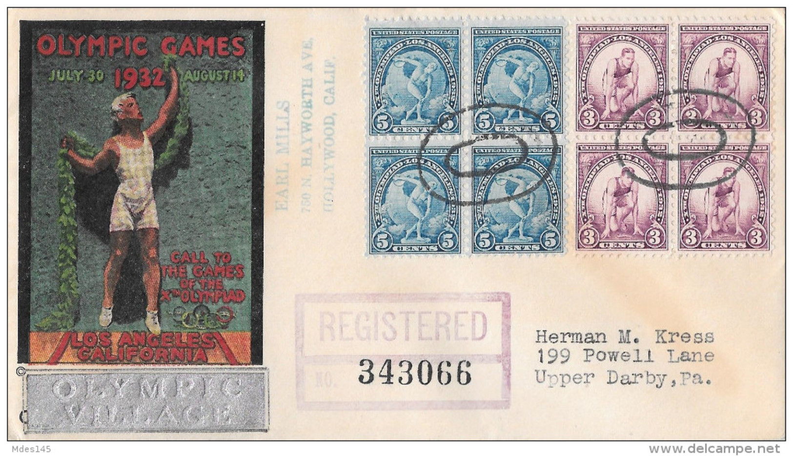 US 1932 Olympic Village Cachet 10th Summer Olympics Opening Day Cover Sc 718 719 Registered - Summer 1932: Los Angeles