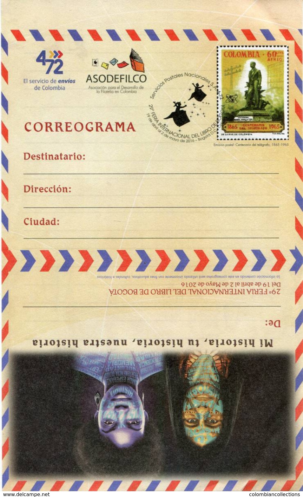 Lote SC844, Colombia, 2016, Correograma, Postal Stationary, Mi Historia, Asodefilco, Woman - Non Classés