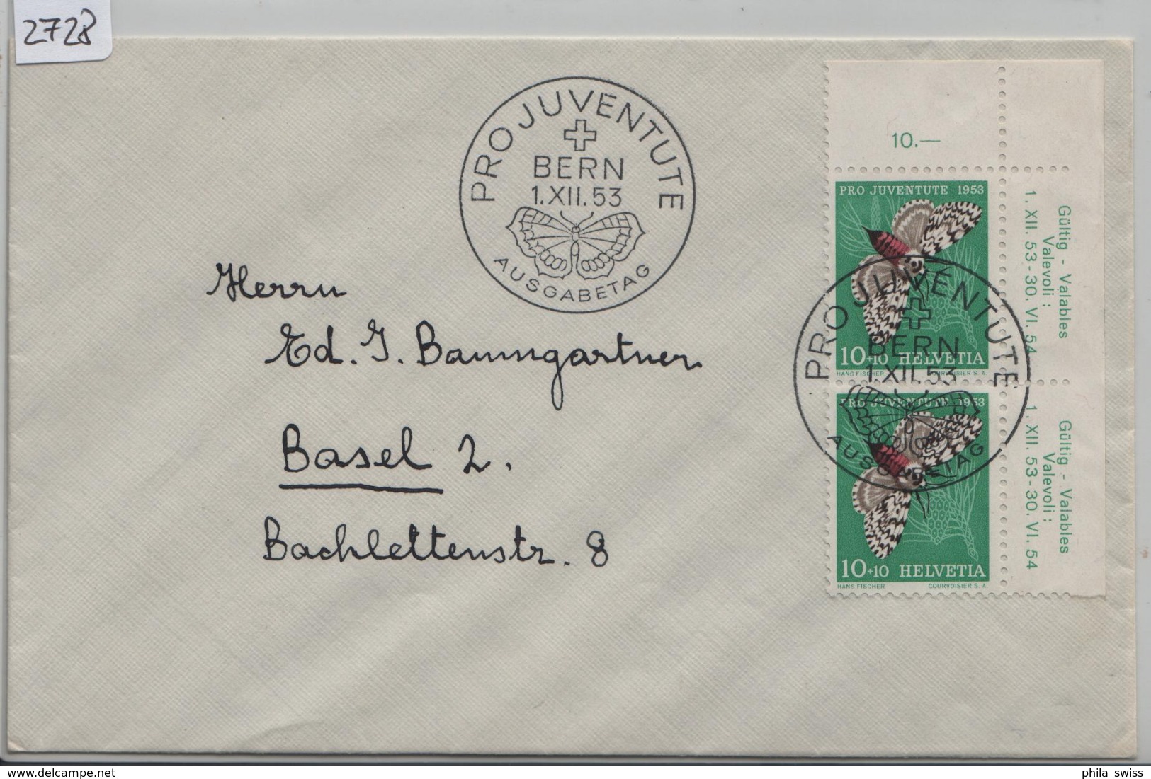 1953 FCD J149/589 Ausgabetag 2x Paar Eckstück Von Bern Nach Basel 1.XII.53 - Lettres & Documents