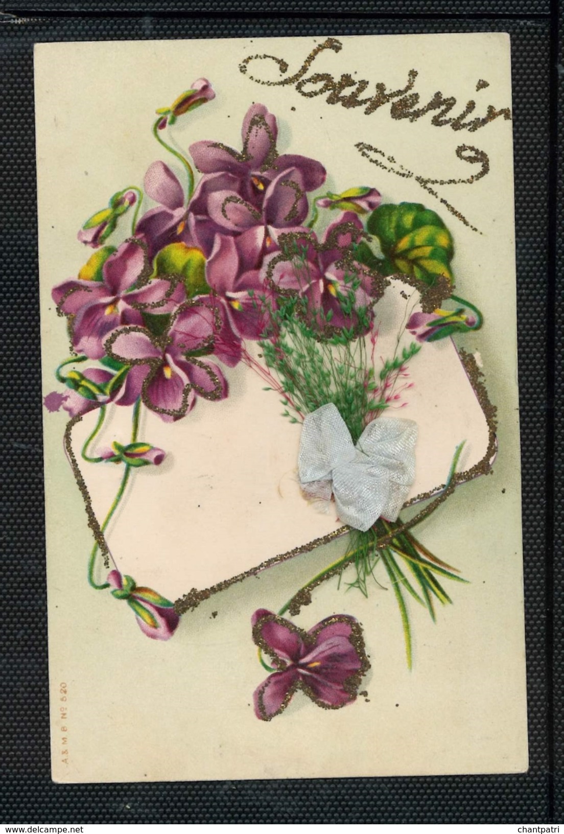 Bouquet De Violettes - Souvenir - Ruban Et Herbe Collés En Relief - LR1827 - Fleurs