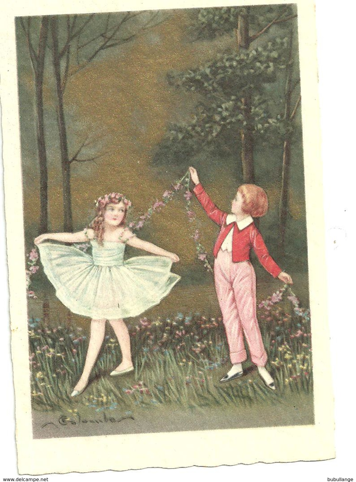 CPA Illustration De Colombo Couple Enfants Danseurs, Tutu ,guirlande De Fleurs - Colombo, E.