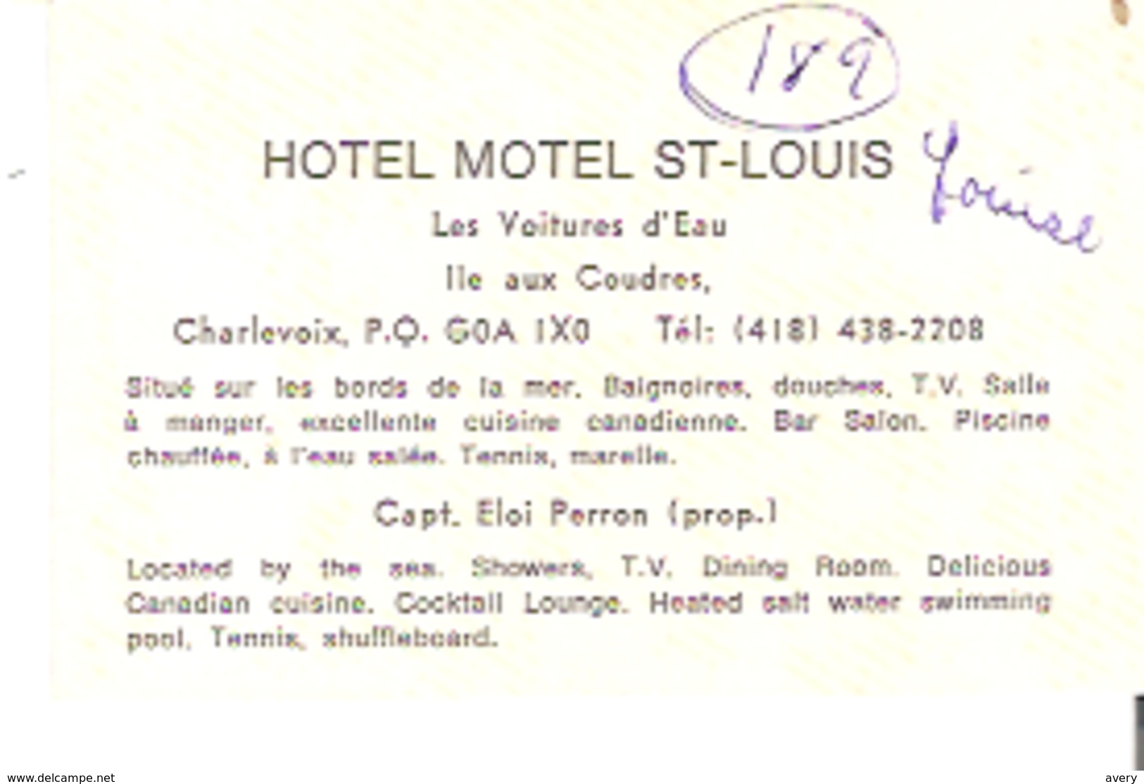 Hotel Motel St-Louis, Les Voitures D'Eau, Ile Aux Coudres, Charlevoix, Quebec 3.5" X 2.3" 9 Cm X 5.7 Cm - Géographie