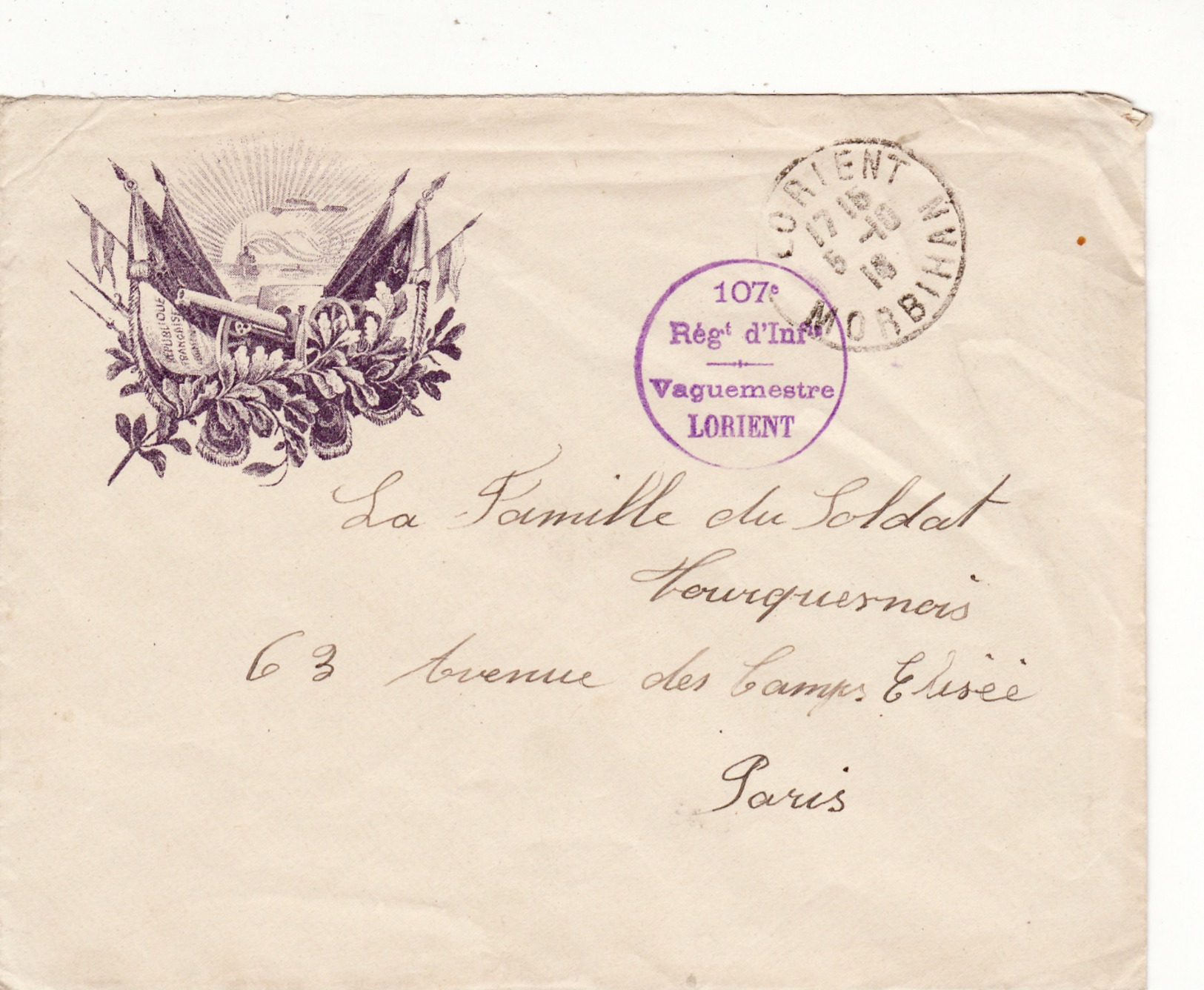 Z284 Enveloppe Pub BYRRH Vin Tonique Cachet 107e Rgt Inf LORIENT Franchise - Lettres & Documents