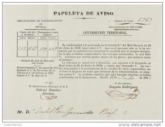 1864-1972. MANUSCRITO: (DOCUMENTOS). CUATRO PAPELETAS DE AVISO DEL PAGO DE LA CONTRIBUCI&Oacute;N... - Unclassified