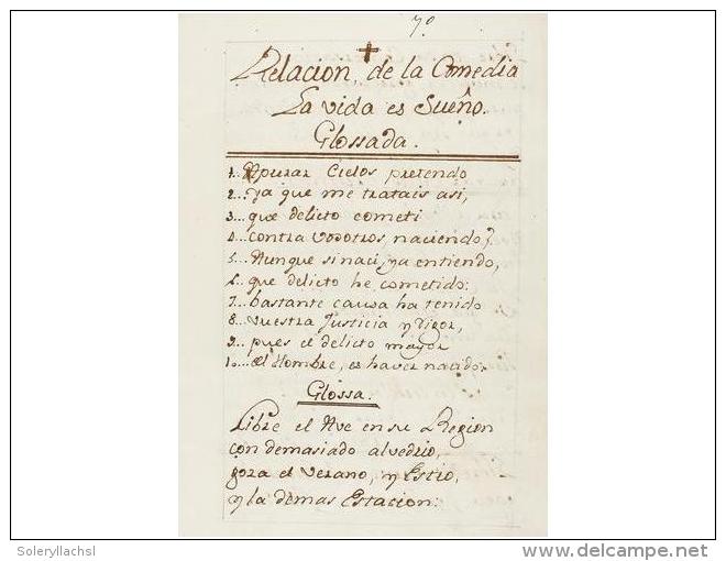 1750 Ca. MANUSCRITO: RELACION DE LA COMEDIA LA VIDA ES SUE&Ntilde;O GLOSSADA. 6 Hojas Manuscritas... - Ohne Zuordnung