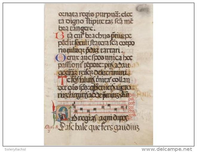 S. XIV. MANUSCRITO: (PERGAMINO). DOS HOJAS DE ANTIGUO CANTORAL ILUMINADO. Dos Hojas Con Texto... - Non Classificati