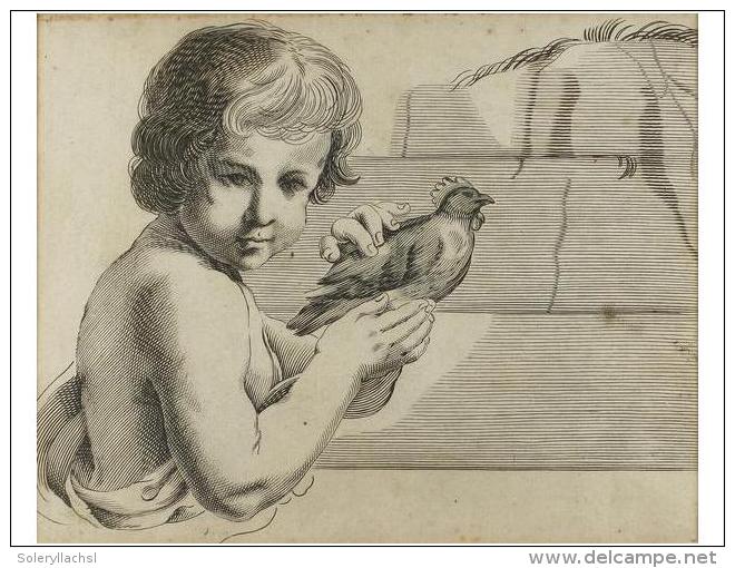 S. XIX. GRABADO: GRABADO DE UN NI&Ntilde;O CON AVE DE CORRAL. 15 X 18,5 Cm. - Non Classés