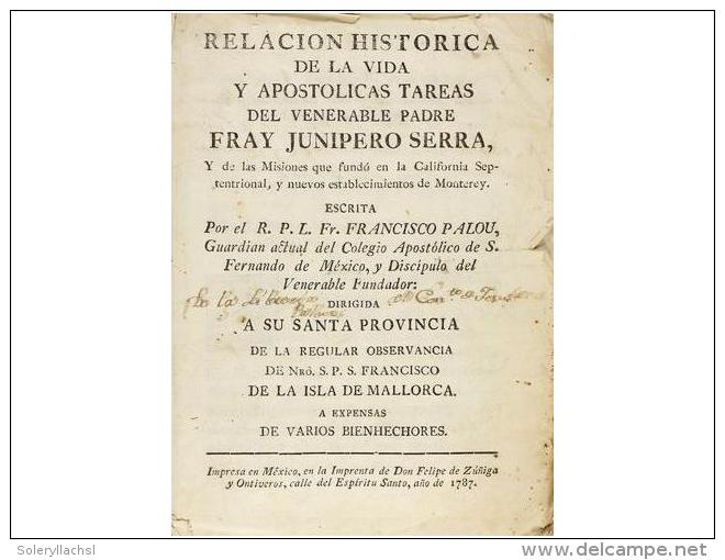 1787. LIBRO: (CALIFORNIA). PALOU, FRANCISCO: RELACION HISTORICA DE LA VIDA Y APOSTOLICAS... - Zonder Classificatie