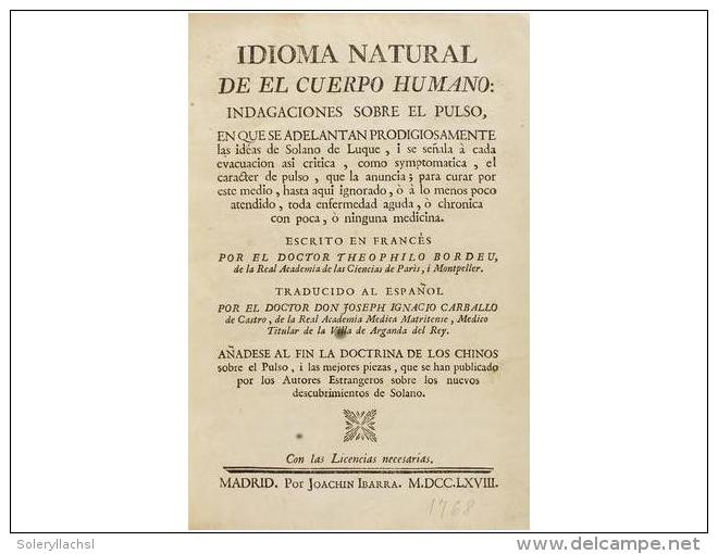 1768. LIBRO: (MEDICINA). BORDEU, THEOPHILO: IDIOMA NATURAL DE EL CUERPO HUMANO:... - Unclassified