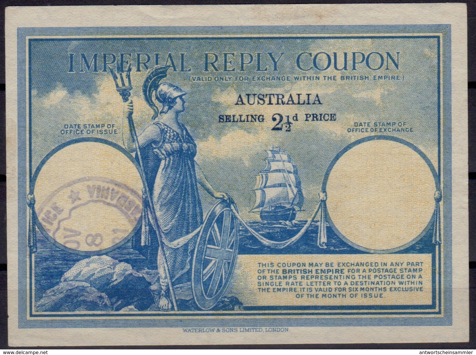 AUSTRALIA 1931, Rare First Type I  2 1/2d Imperial Reply Coupon Reponse IRC Britannia / Sailing Ship O ... TASMANIA 1931 - Ganzsachen