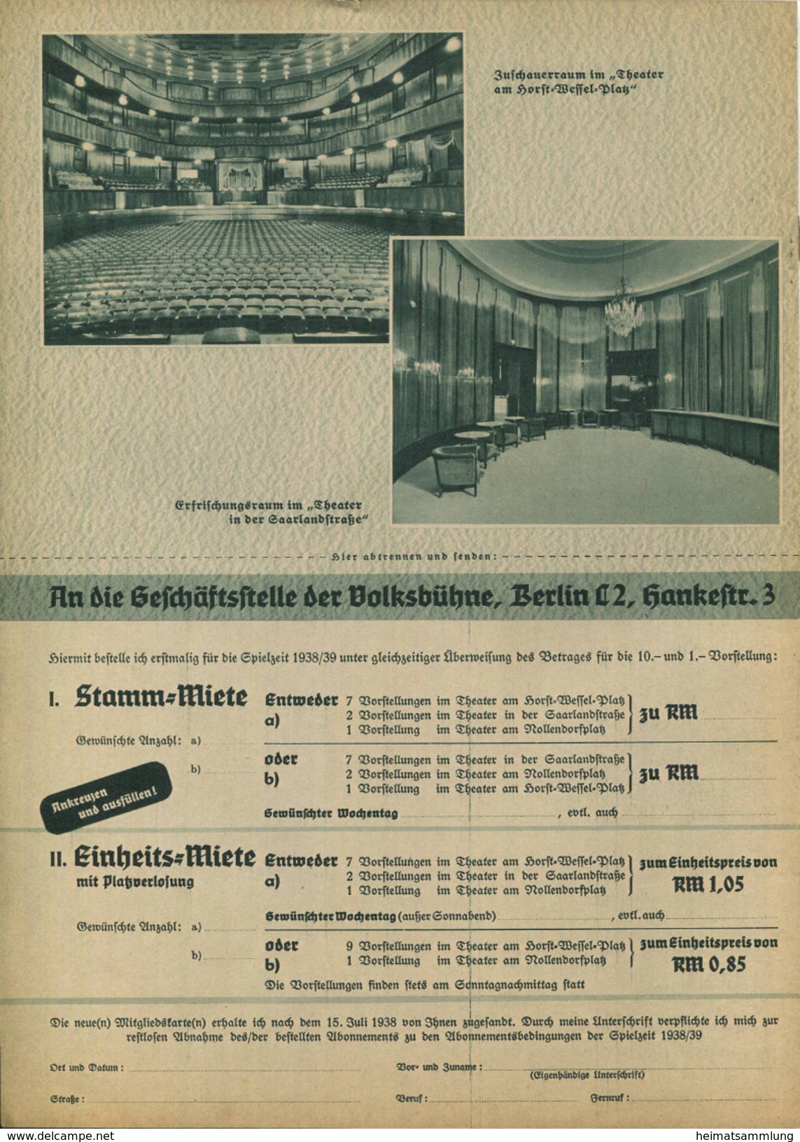 Volksbühne Berlin - Generalintendant Eugen Klöpfer - Spielzeit 1938/39 - 2 Doppelseiten DINA4-Format Mit Vielen Abbildun - Theatre & Scripts