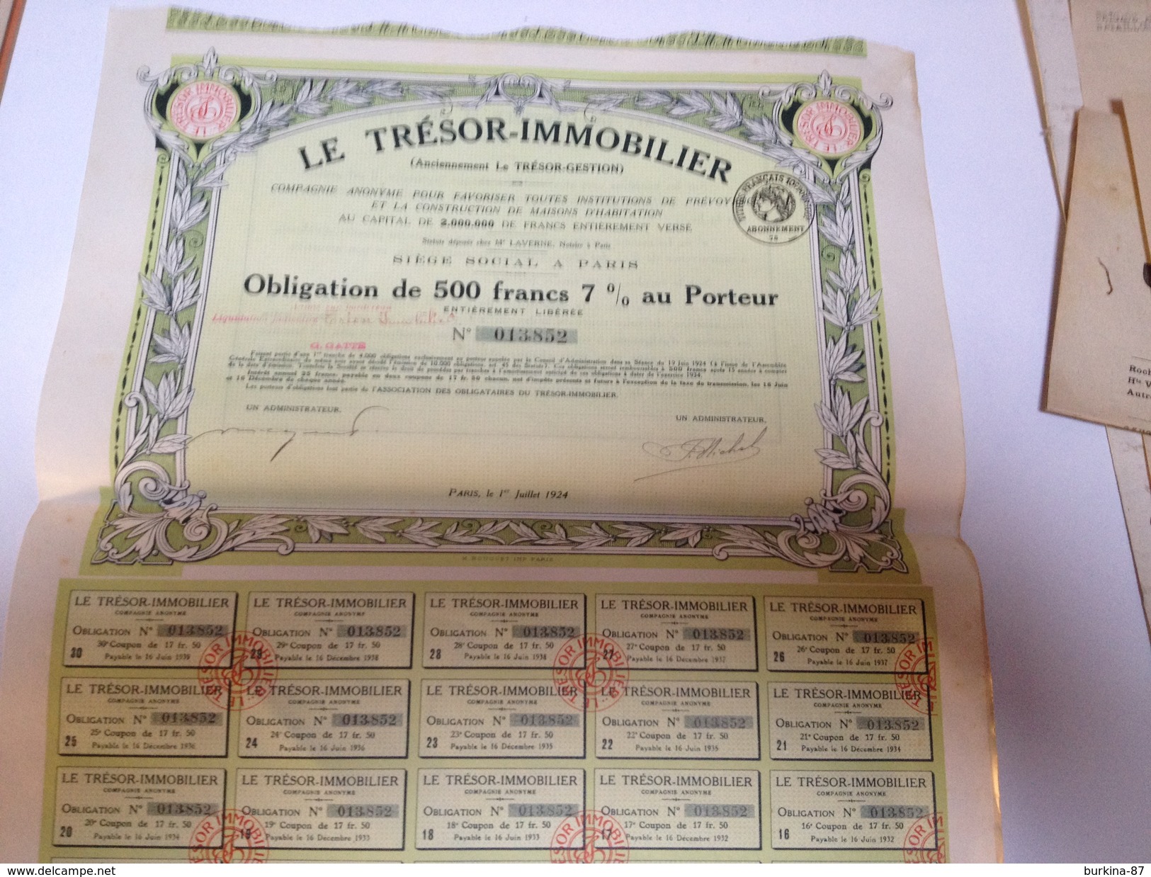 Obligation De 500 Francs  Au Porteur, Le Trésor IMMOBILIER 7% - Banque & Assurance