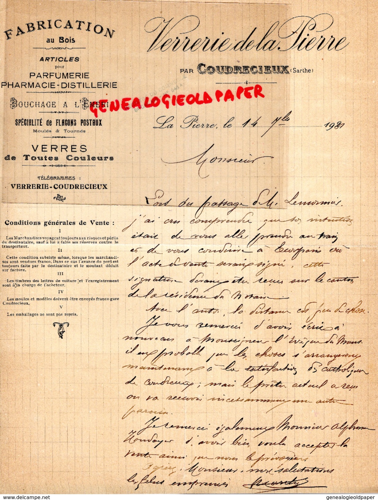 72-LA PIERRE PAR COUDRECIEUX- LETTRE MANUSCRITE SIGNEE VERRERIE DE LA PIERRE- FABRICATION AU BOIS- PARFUMERIE PHARMACIE - Artesanos