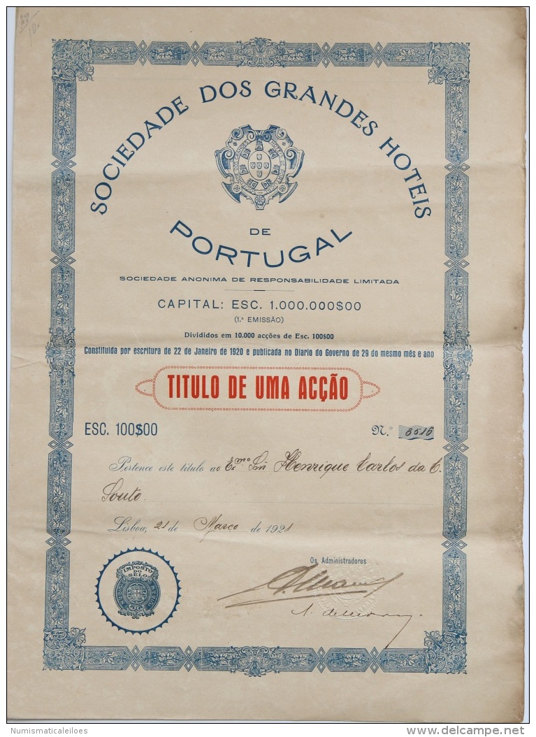 Share - Soc. Dos Grandes Hoteis De Portugal - 100$00 1921 - Autres & Non Classés