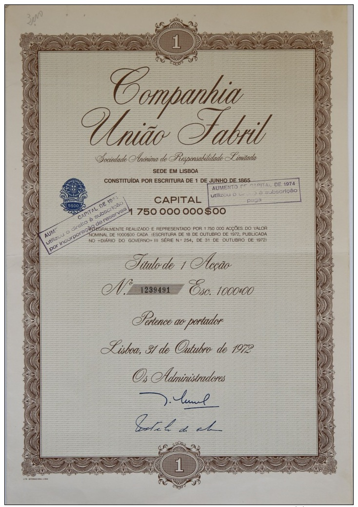 Share - Companhia Uni&atilde;o Fabril - 1.000$00 1972 - Other & Unclassified