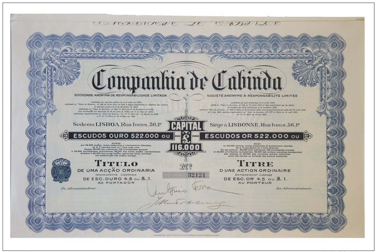 Share - Companhia De Cabinda - 4$50 1929 - Other & Unclassified