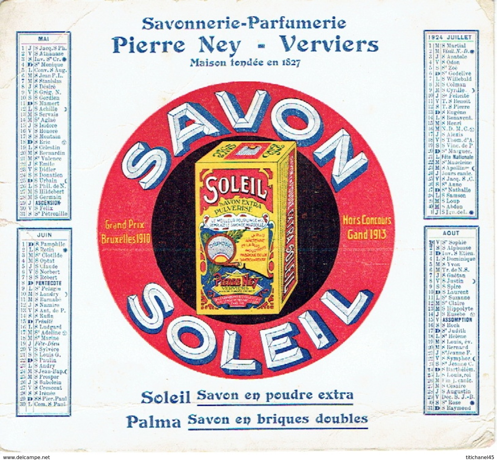 BUVARD-CALENDRIER Publicitaire De 1924 - SAVONNERIE-PARFUMERIE PIERRE NEY -VERVIERS - Savon En Poudre Soleil Savon PALMA - Produits Ménagers