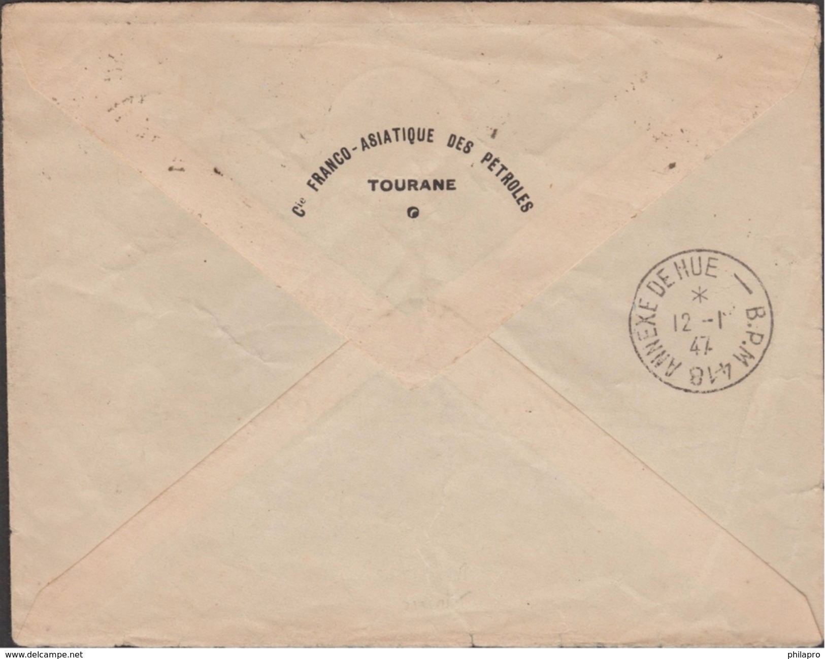 INDOCHINE COVER  From TOURANE BUU DIEN CUC 1947  To  ANNEXE DE HUE  BPM418  FRENCH STAMPS   Réf G524  RARE - Lettres & Documents