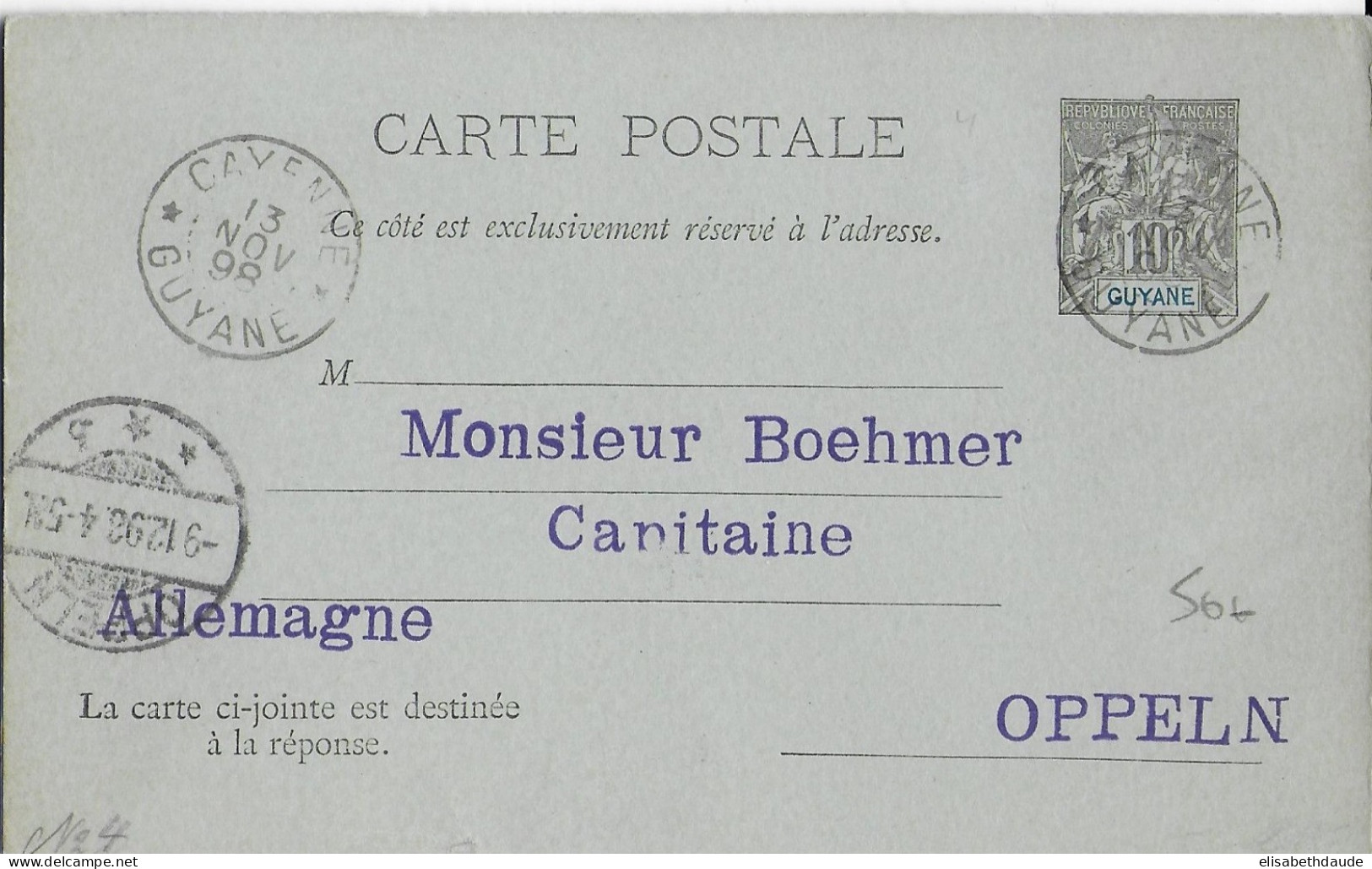 GUYANE - 1898 - CARTE ENTIER TYPE GROUPE Avec REPONSE PAYEE 140X87 De CAYENNE => OPPELN (SILESIE ALLEMANDE) - Storia Postale