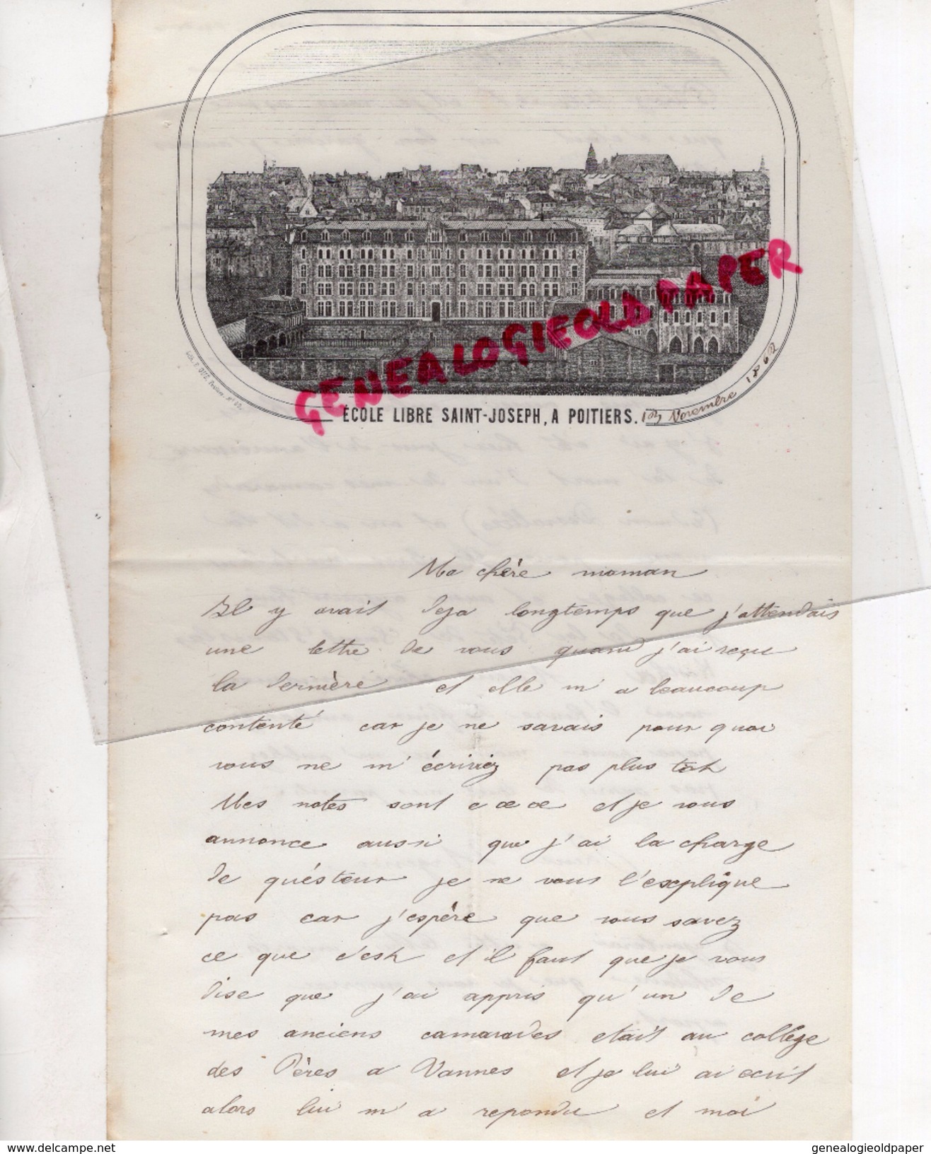86- POITIERS- LETTRE DE RENE ARGENCE A SA MAMAN ECOLE LIBRE SAINT JOSEPH 1862 - Historical Documents