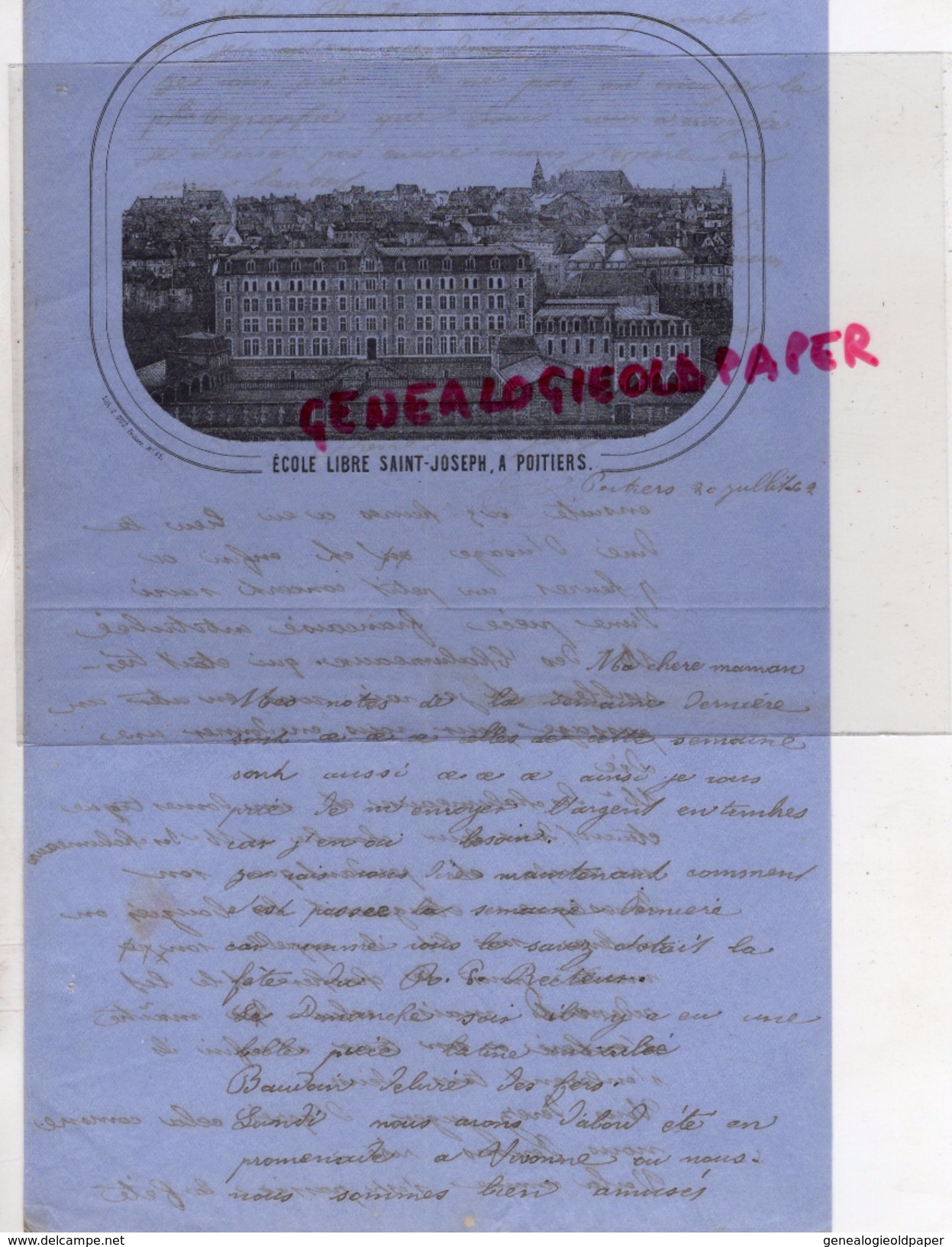 86- POITIERS-LETTRE MANUSCRITE  DE RENE ARGENCE A SA MAMAN ECOLE LIBRE SAINT JOSEPH 1862 - Historical Documents