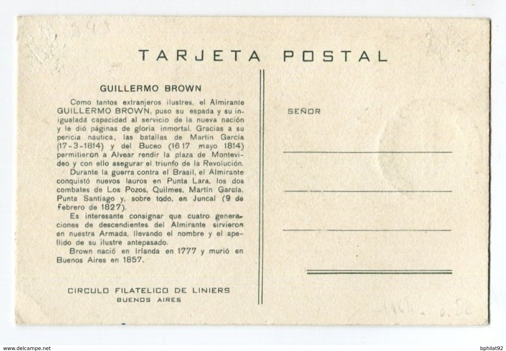 !!! CARTE MAXIMUM GUILLERMO BROWN CACHET DU 27/12/1945 - Lettres & Documents