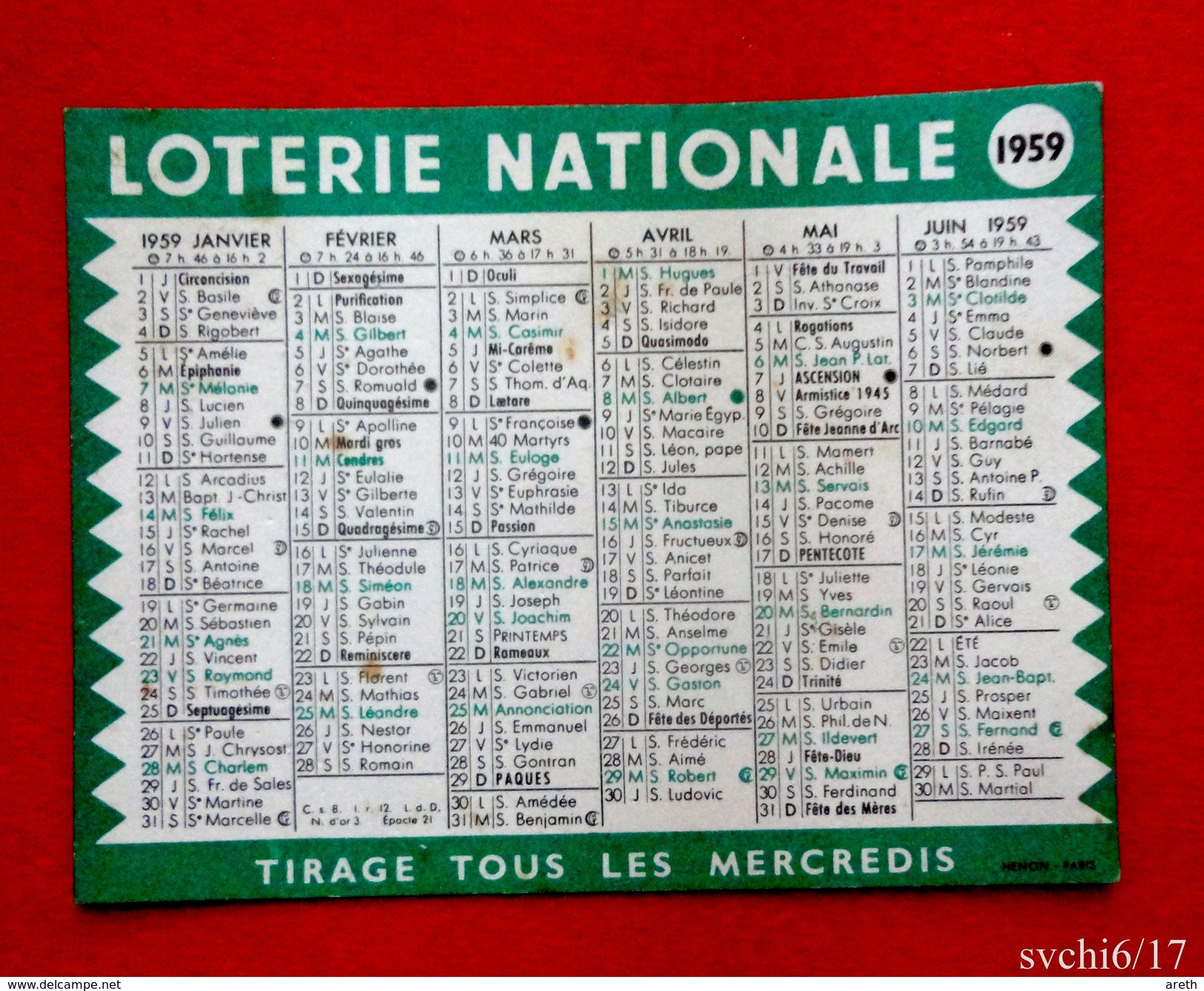 Calendrier Petit Format  Loterie Nationale 1959 - Tamaño Pequeño : 1941-60