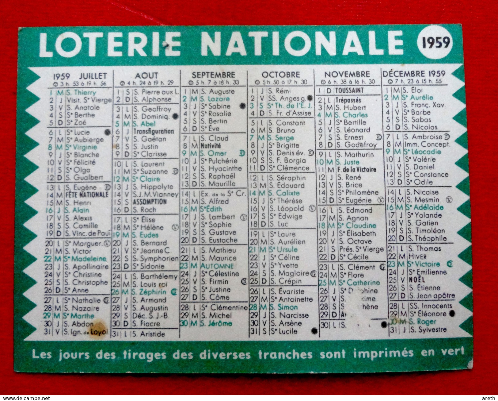 Calendrier Petit Format  Loterie Nationale 1959 - Tamaño Pequeño : 1941-60