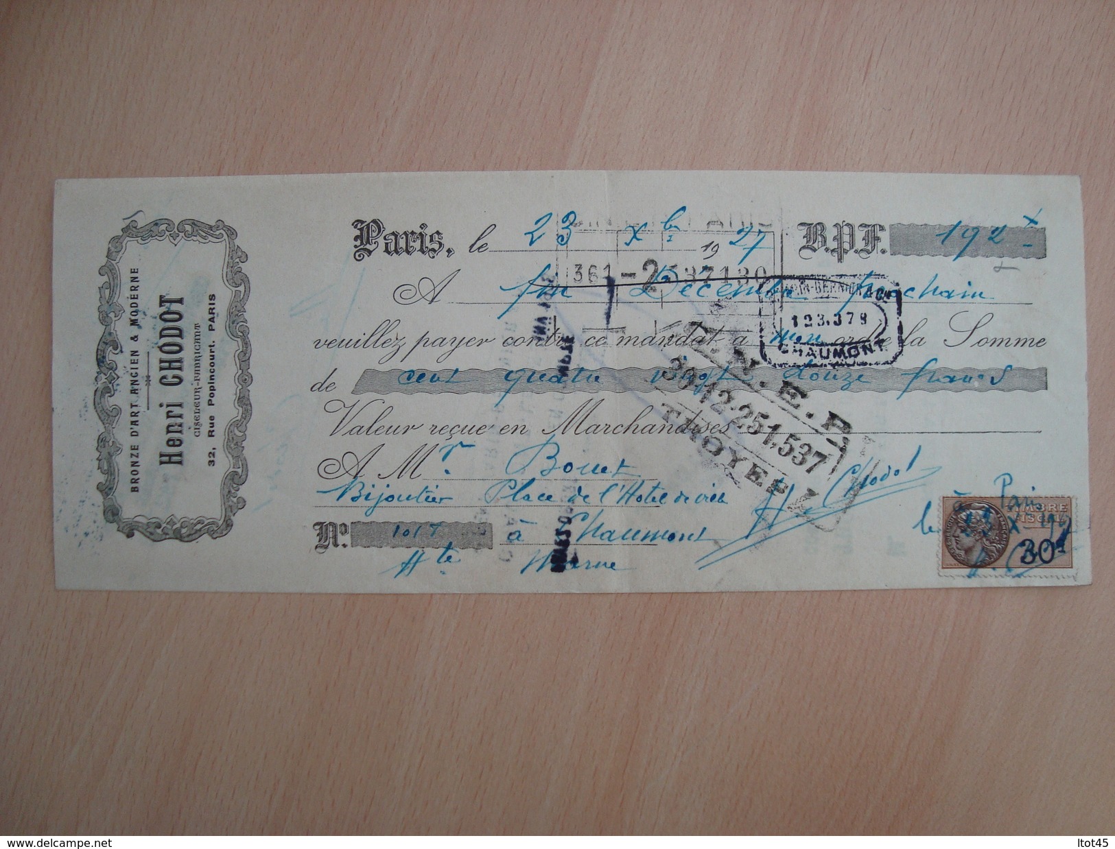 CHEQUE BRONZE D'ART ANCIEN & MODERNE HENRI CHODOT PARIS 1927 - Chèques & Chèques De Voyage