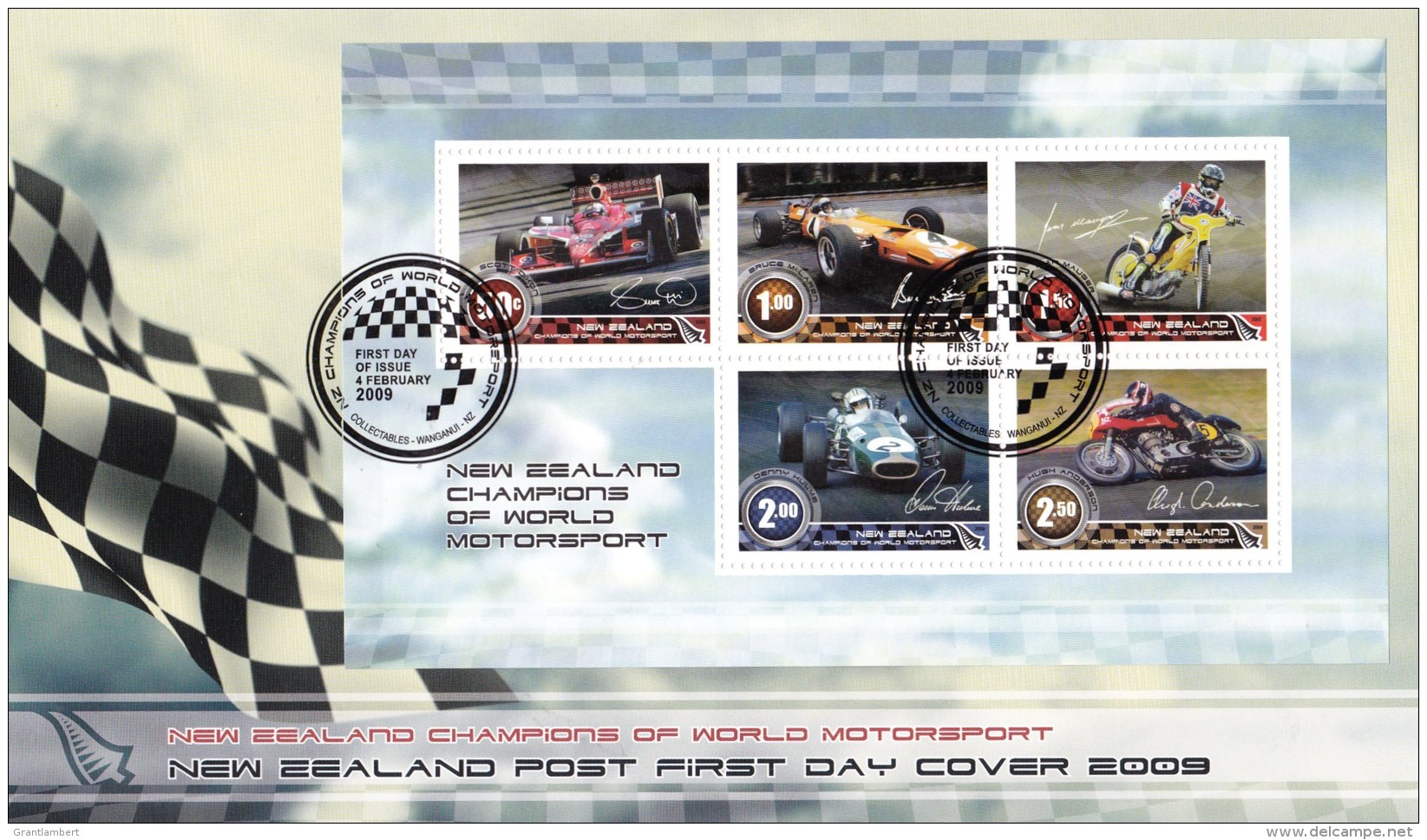 New Zealand 2009 Champions Of World Motorsport Minisheet FDC - Racing Cars, Motorbikes - FDC