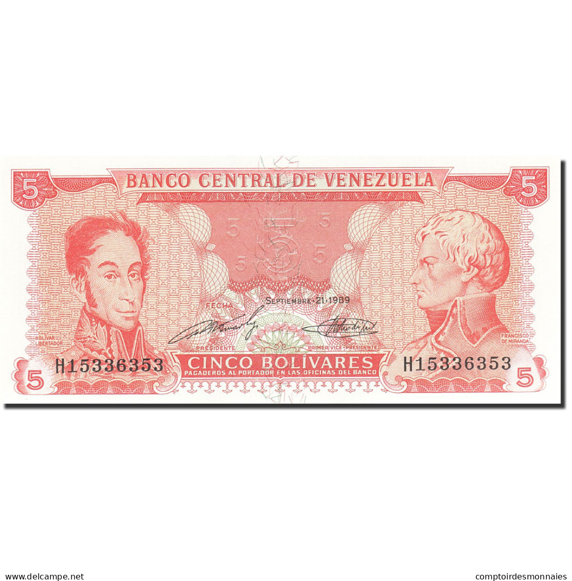 Billet, Venezuela, 5 Bolivares, 1989, 1989-09-21, KM:70b, NEUF - Venezuela