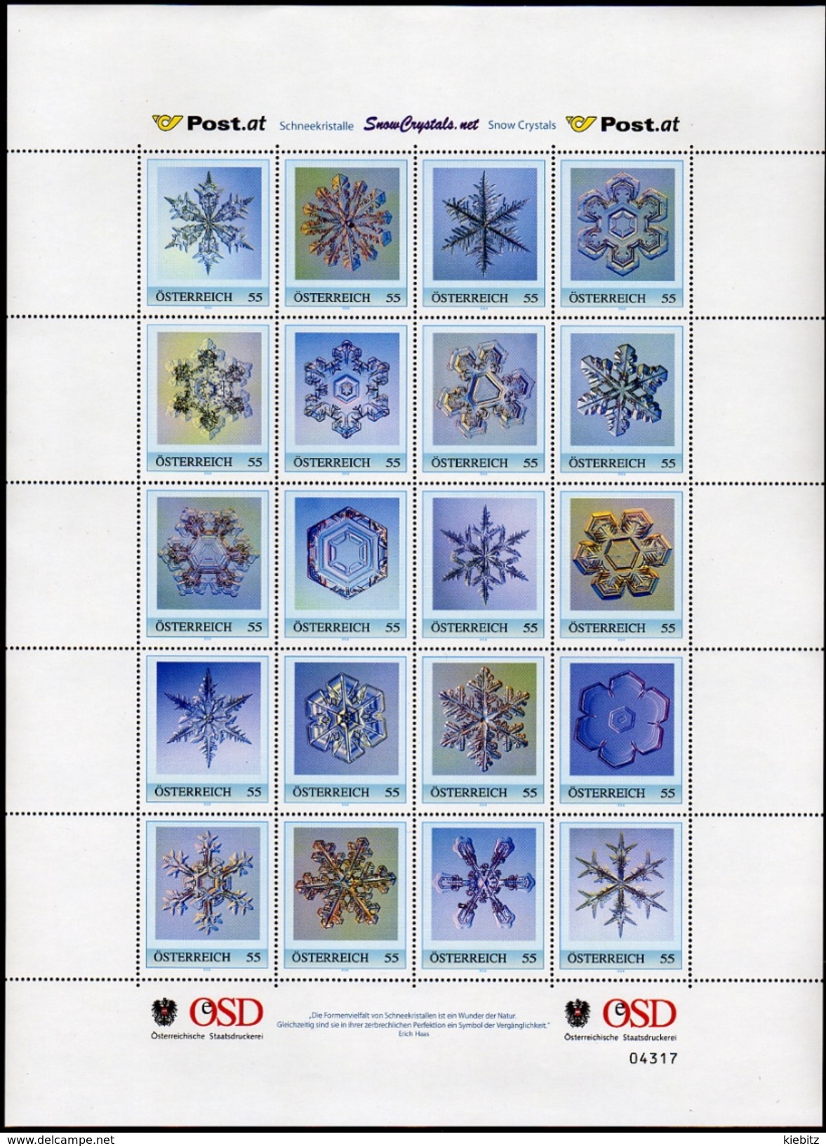 ÖSTERREICH 2005 ** Schneekristalle / Snow Crystals - PM Personalized Stamps MNH - Natur