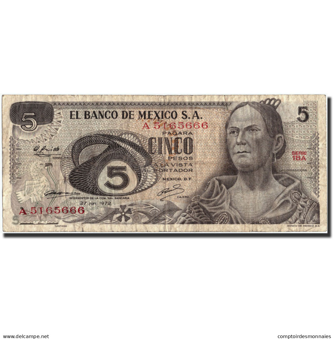 Billet, Mexique, 5 Pesos, 1972, 1972-06-27, KM:62c, TB - México