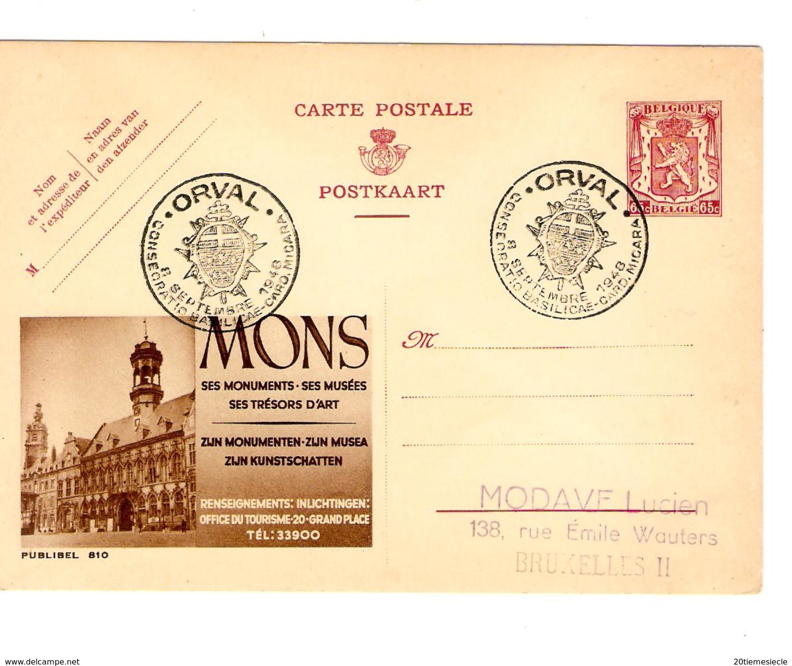 Entier CP Publibel 810 Mons FN Oblitéré Orval 1948  AP1057 - Publibels