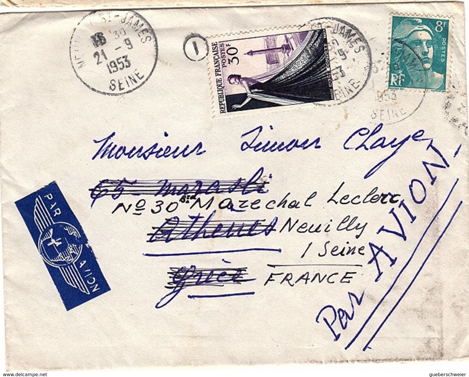 FR - L180 - France Lettre Par Avion Pour Athènes Et Réexpédiée à Neuilly S/Seine 1953 - 1927-1959 Covers & Documents