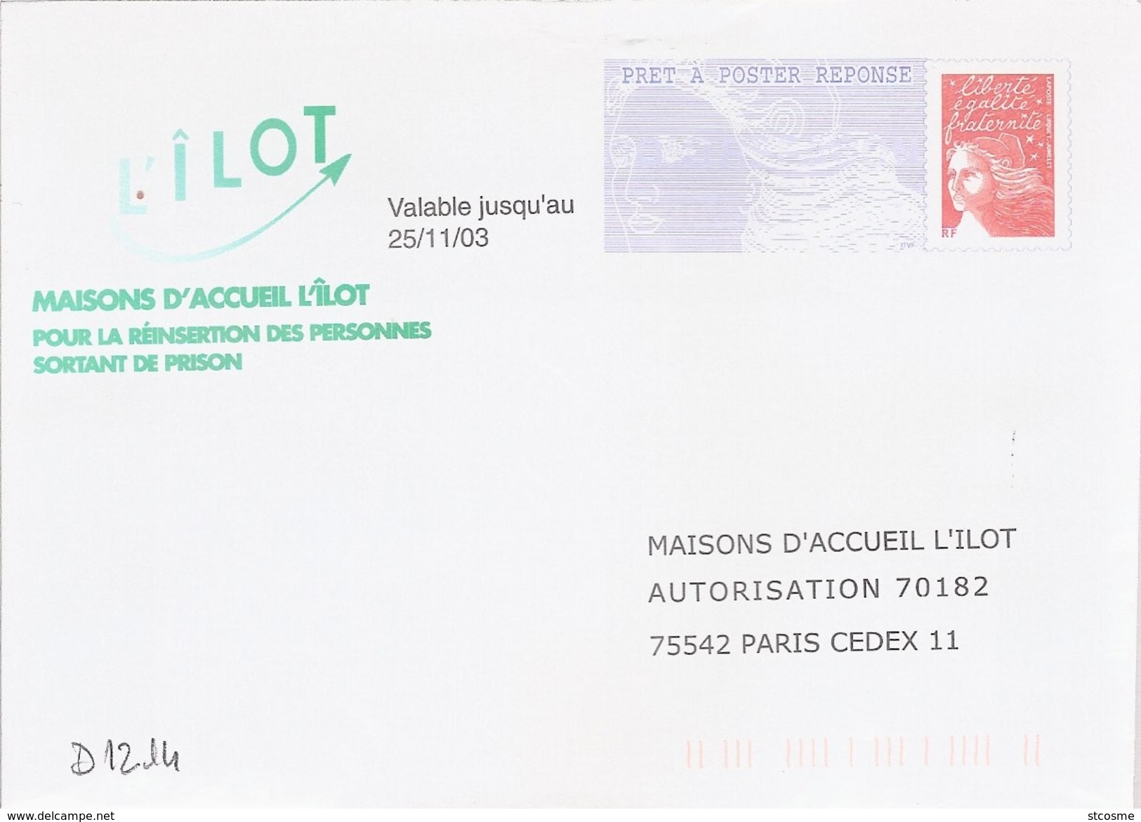 D1214 Entier / Stationery / PSE - PAP Réponse Luquet : Maisons D'accueil L'îlot - N° D'agrément 0204500 - PAP: Ristampa/Luquet