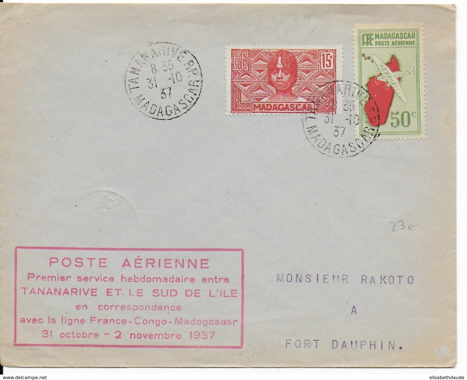 MADAGASCAR - 1937 - 1° VOL TANANARIVE => SUD DE L'ILE (LIGNE FRANCE CONGO MADAGASCAR) - ENVELOPPE => FORT DAUPHIN - Briefe U. Dokumente