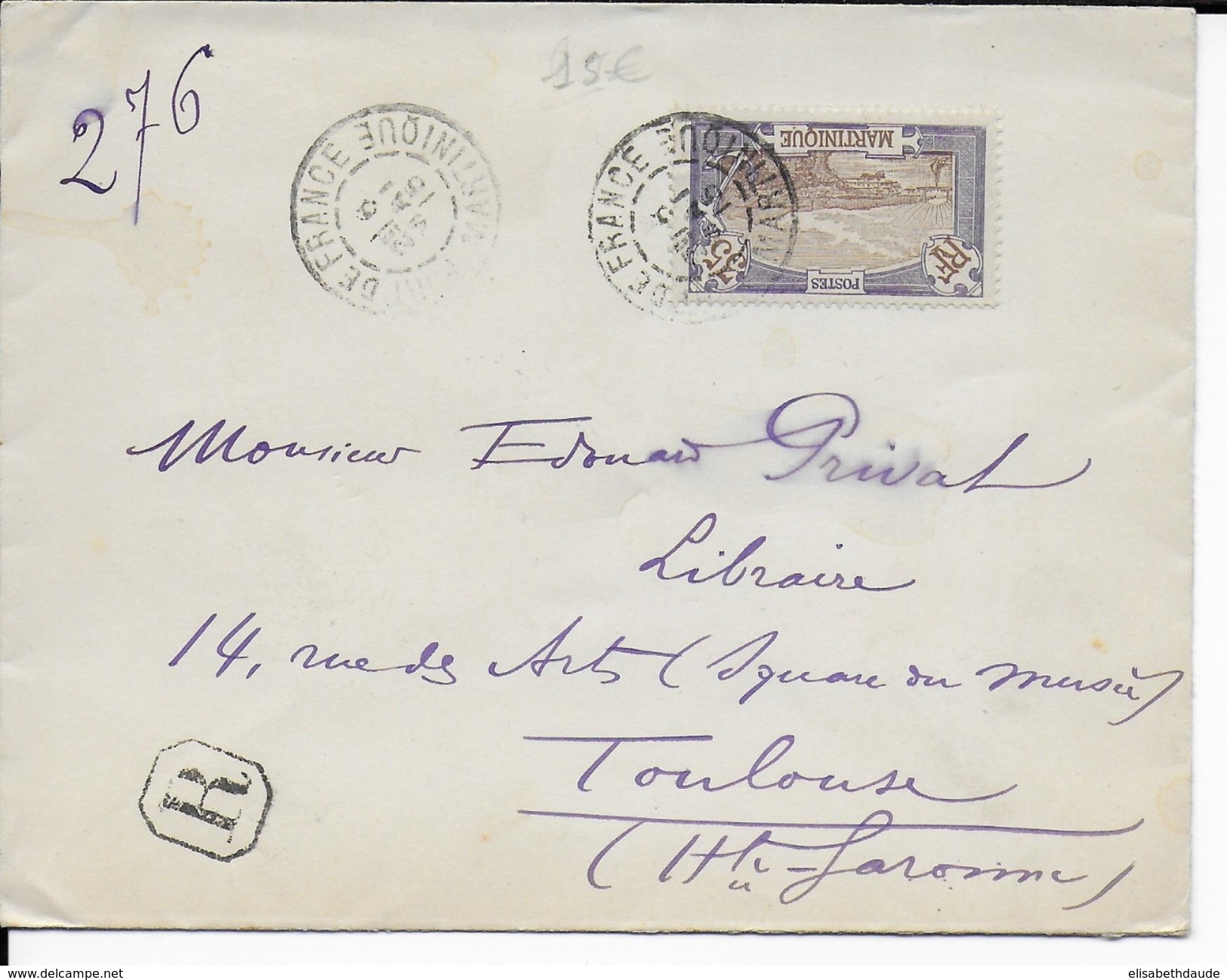 MARTINIQUE - 1915 - YT 70 SEUL SUR LETTRE RECOMMANDEE De FORT DE FRANCE => TOULOUSE - Storia Postale