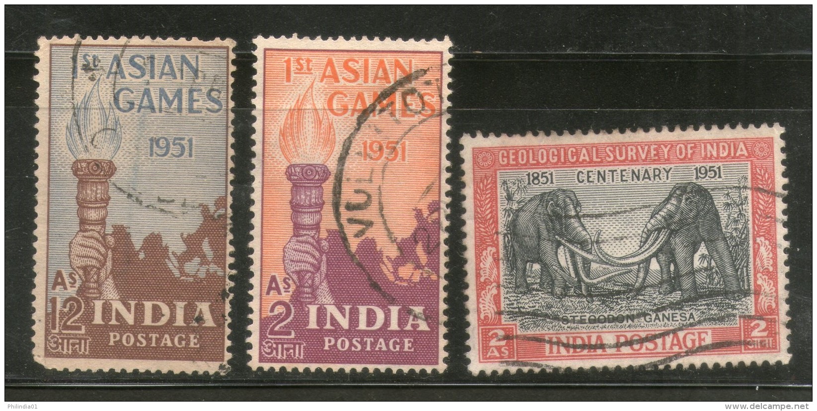 India 1951 Used Year Pack Of 3 Stamps Geological Survey Aisian Games Elephant - Annate Complete