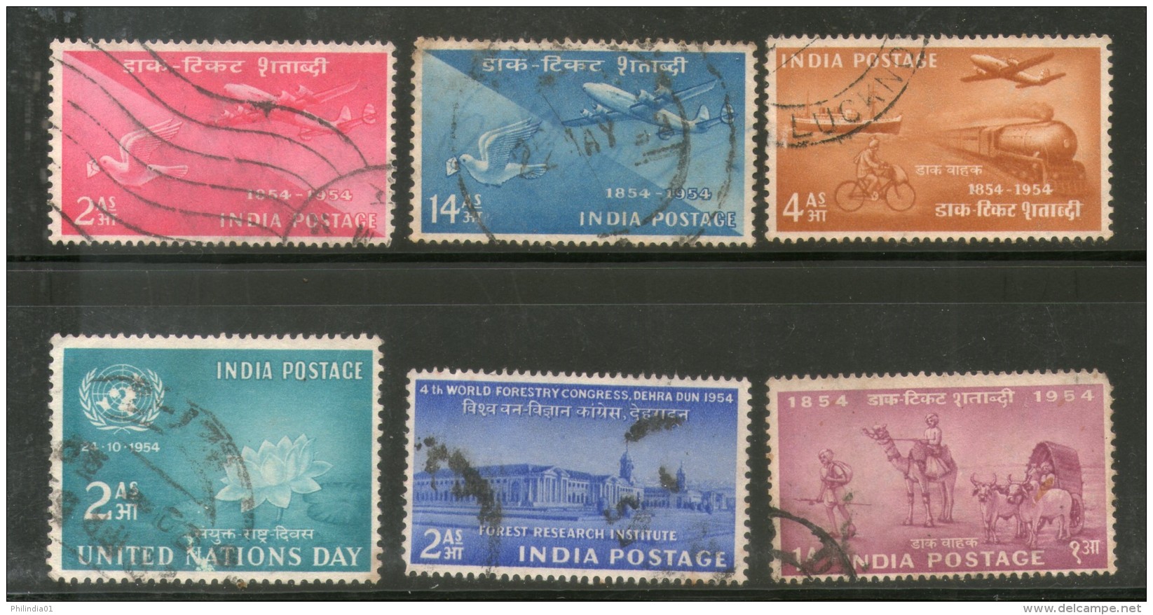 India 1954 Used Year Pack Of 6 Stamps UN Stamp Centenary Transport Forestry - Komplette Jahrgänge