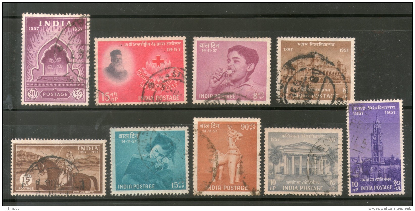 India 1957 Used Year Pack Of 9 Stamps Red Cross Children's Day Universities - Komplette Jahrgänge