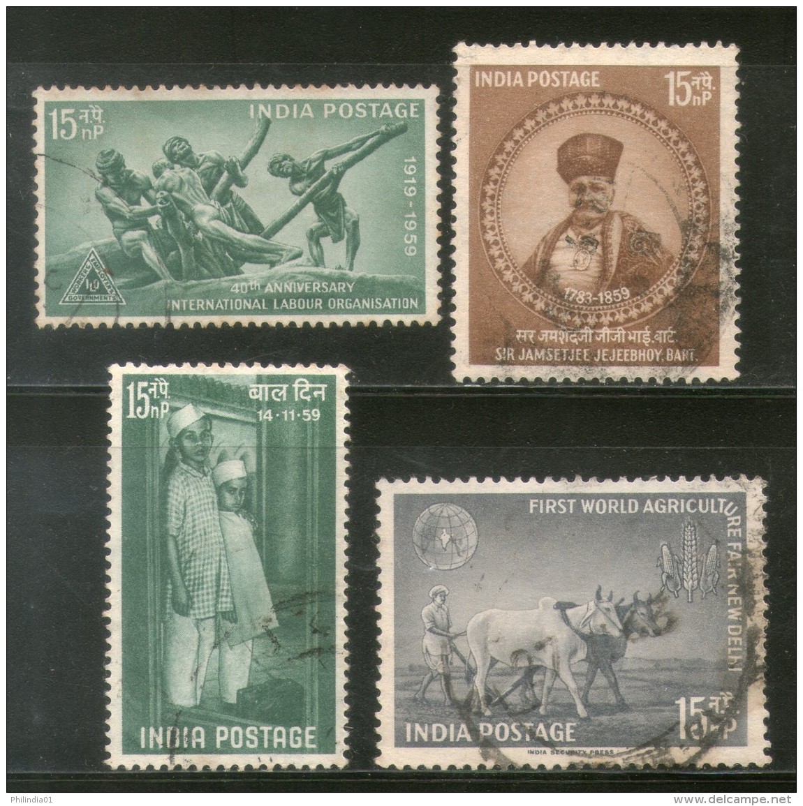 India 1959 Used Year Pack Of 4 Stamps ILO World Agriculture Fair Children's Day - Annate Complete