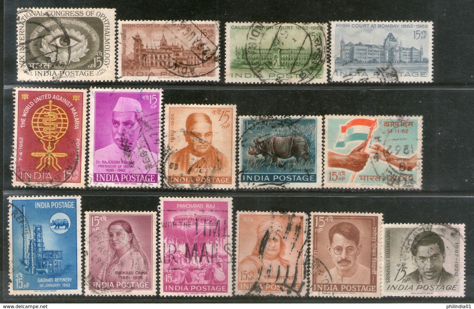 India 1962 Used Year Pack Of 15 Stamps Oil Refinery High Court Wildlife Malaria - Annate Complete