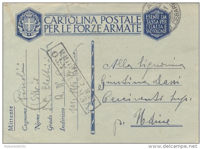 Regno D'Italia 1941 Cartolina Postale In Franchigia Da Corazzata R. N. "Giulio Cesare" Per Cercivento (Udine) - Seconda Guerra Mondiale