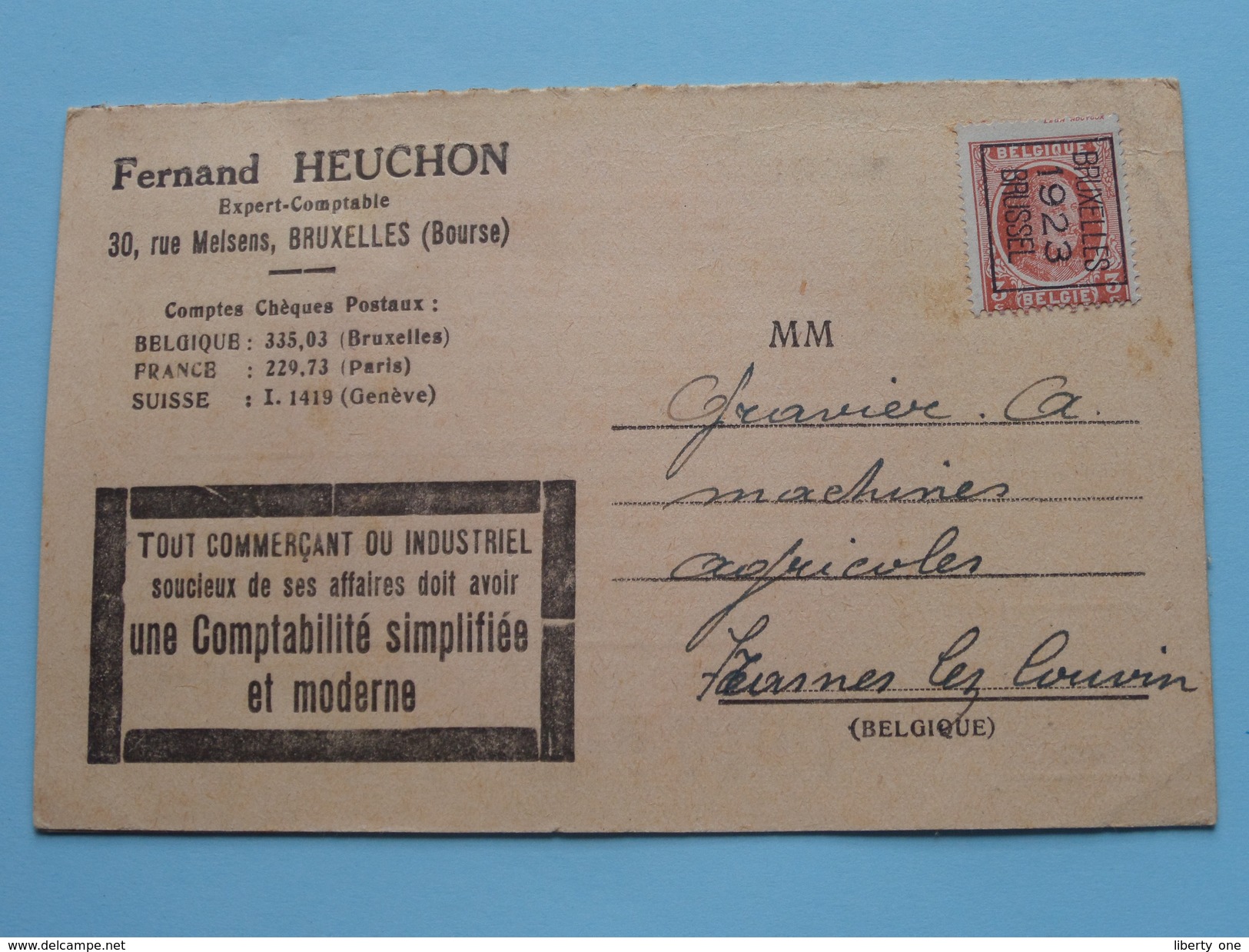 Fernand HEUCHON Expert-Comptable BRUXELLES Rue Melsens (Bourse) Anno 1923 ( Zie Foto Details ) !! - Autres & Non Classés